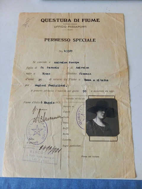 Interessante Passaporto Questura Di Fiume 1921