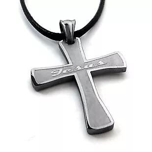 JESUS, CROSS, STAINLESS Steel Necklace On Leather $11.99 - PicClick