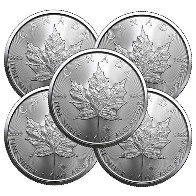 Lot of 5 - 2022 $5 Silver Canadian Maple Leaf 1 oz BU