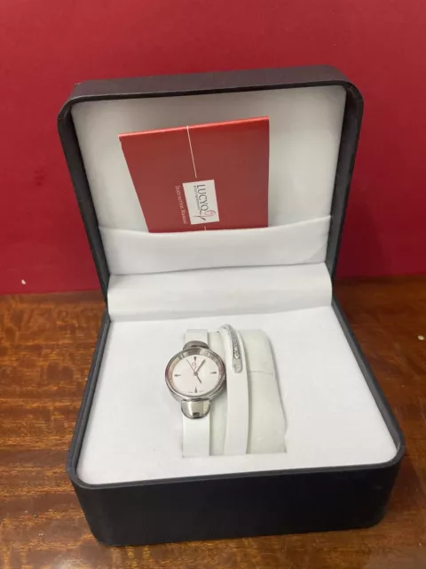 LUCYQ Swiss Movement White Dial Watch, 3 Row Leather Strap, Zircon Silver Charm