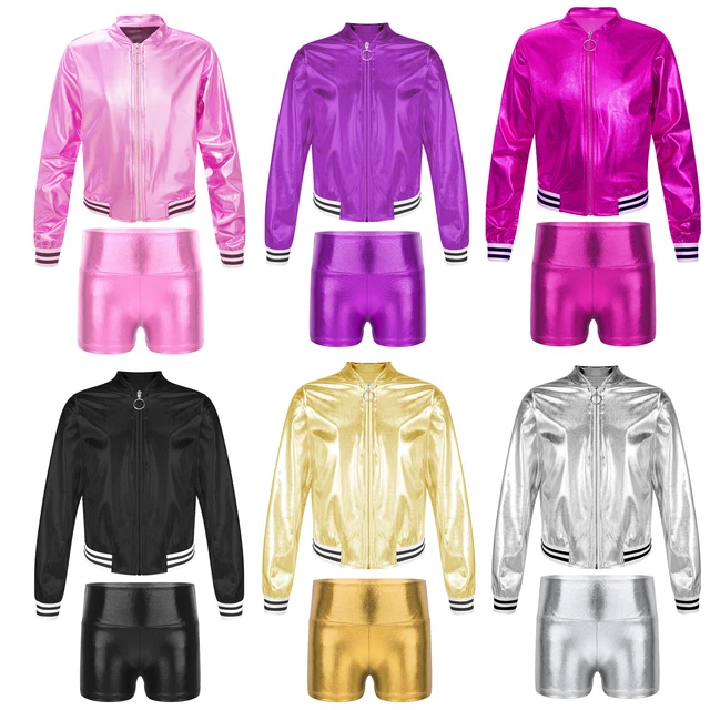 Kids Girls Tracksuit Athletic Sports Set Stylish Sportwear Shiny Metallic 2pcs