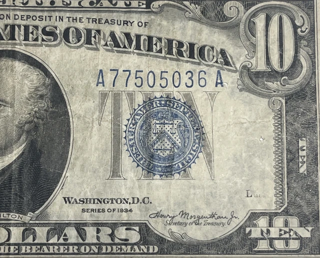 1934 Series $10 Ten Dollars Blue Seal Silver Certificate Currency Note 2