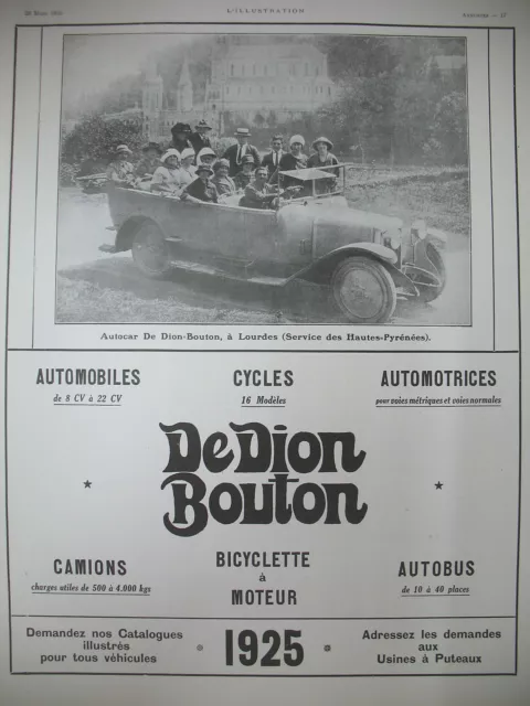 Publicite De Presse De-Dion-Bouton Autocar De Lourdes French Ad 1925