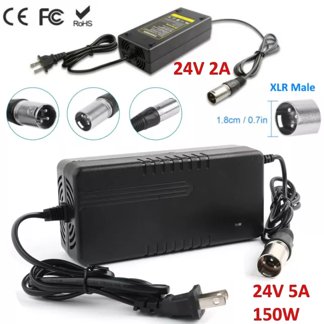 24V 2A-5A XLR Battery Charger for Mobility Pride Scooter Electric Wheelchair