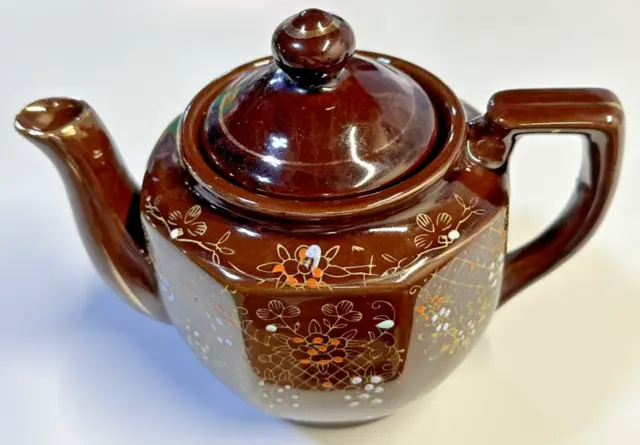 Vintage Teapot Betty Redware Brown Hand Painted Floral Gold Trim Made In Japan