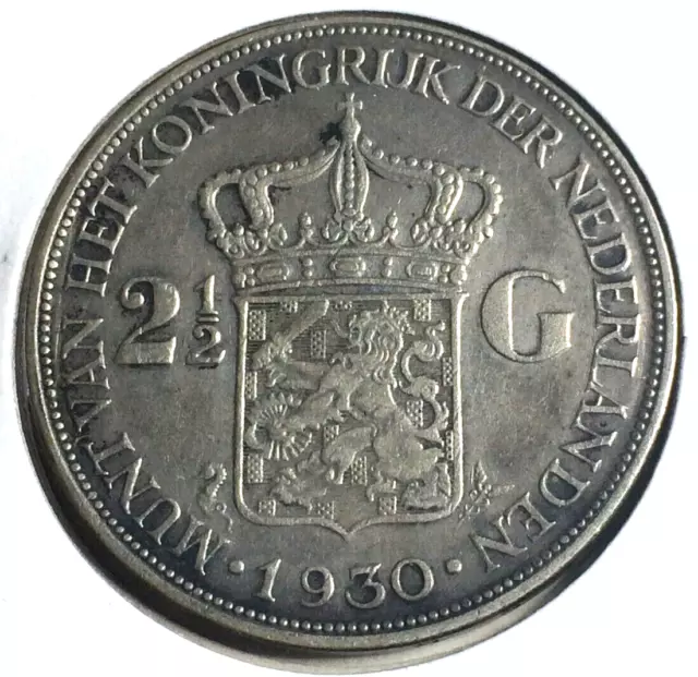 1930 Netherlands 2 1/2 Gulden Large Silver Coin .720 - Queen Wilhelmina (771)