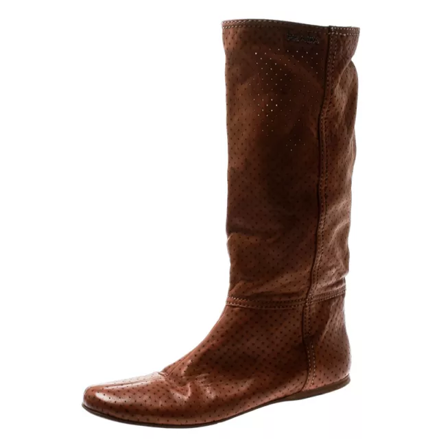 PRADA SPORT BROWN Perforated Leather Mid Calf Flat Boots Size 39 $418. ...