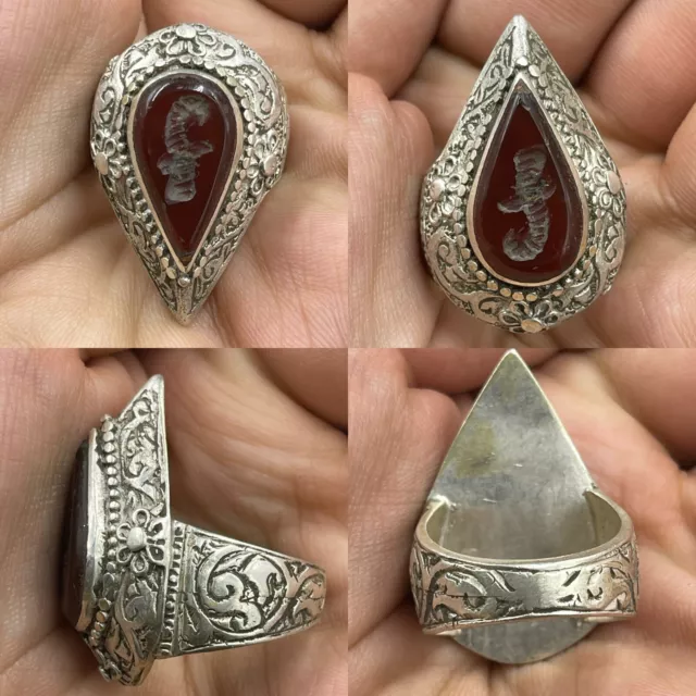 Unique Ancient Carnelian Agate Stone Intaglio Solid Silver Ring