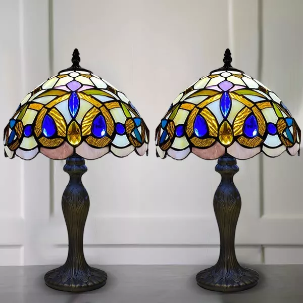 Pair of 2 Tiffany Blue Diamond Style 10inch Handcrafted Stain Glass Table Lamp