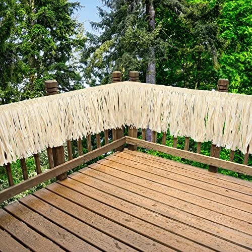 Hawaiian Luau Grass Raffia Fringe Banner Tropical Table Skirt Raffia Tiki Par...