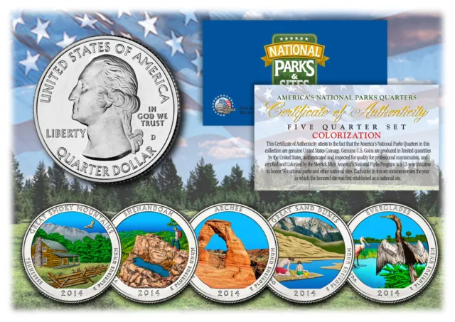 2014 America The Beautiful COLORIZED Quarters U.S. Parks 5-Coin Set w/Capsules