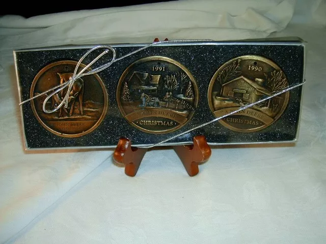 (3) John Deere Limited Edition, Antique Brass Christmas Ornaments  (Jc)