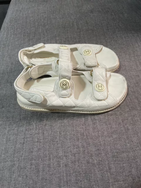 Chanel Dad Sandals, White and Black Print, Size 38.5, New in Box MA001