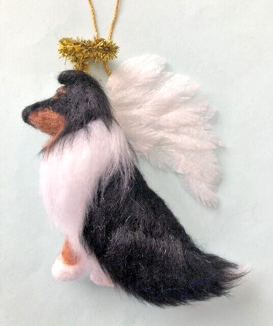 TRI SHETLAND SHEEPDOG / COLLIE DOG ANGEL with HALO  - PART NEEDLE FELTED