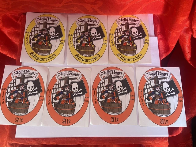 7 Original Bierflaschenetiketten Schiffbruch & Jolly Roger Ale, Brauerei Worcester