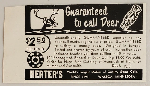 1955 Print Ad Herter's Deer Calls Guaranteed to Call a Buck Waseca,Minnesota