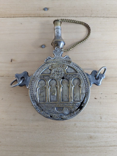 Poire à Poudre Ancienne En Laiton Et Cuir - XIXème Siècle - Art Populaire Militaire Français