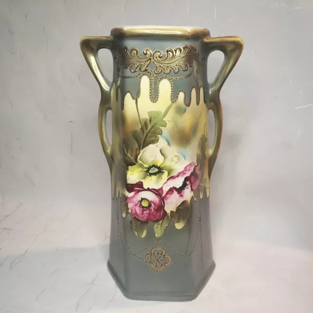 Antique Royal Nippon Nishiki Hand Painted Floral Vase Gold Moriage 12.5" READ