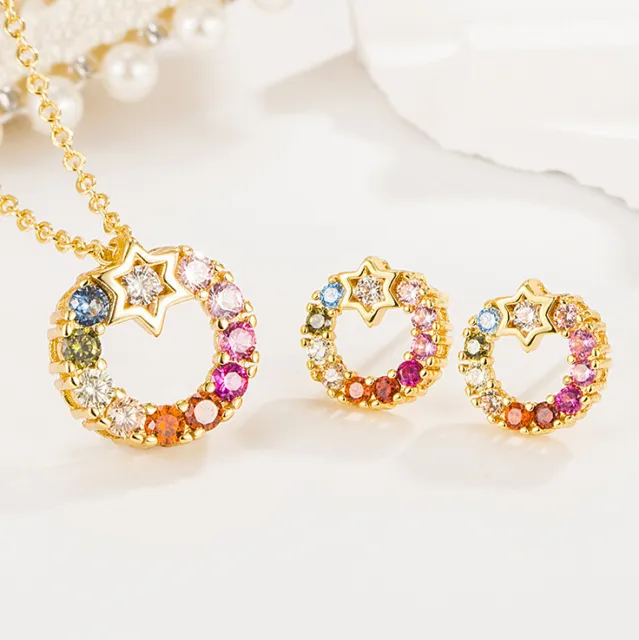 925 Sterling Silver Rainbow Crystal Stud Earrings Pendant Necklace Women Sets