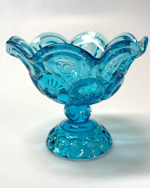 L E Smith Moon and Stars Compote Dish Pedestal Candy Glass Electric Blue