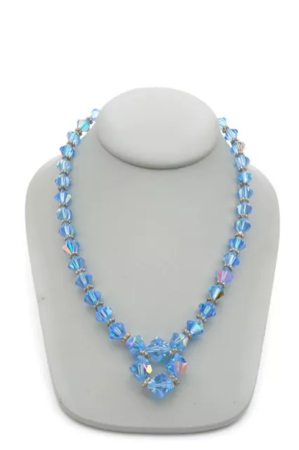 Vintage Blue Crystal Bead Necklace Silver Tone 18"