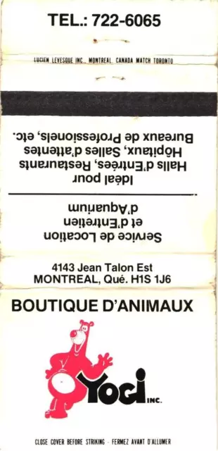 Montreal Quebec Canada Yogi Inc., Animal Shop Vintage Matchbook Cover