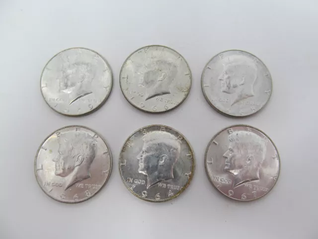 6 Kennedy Demi Dollar Argent Lot 1964 1965 1966 1967 1968 1969