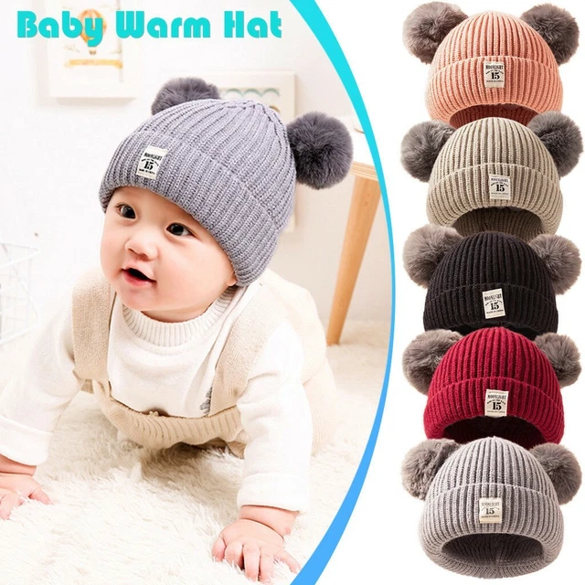 Baby Double Pom Pom Hat 2 Bobble Beanie Knitted Winter Warm Boy Girl Newborn