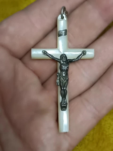 Ancien Grand Crucifix Nacre & Argent Massif 7,5 g Religion Eglise