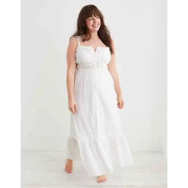 Aerie Button Front Maxi Dress White Womens XL New Strappy Cotton Gauze