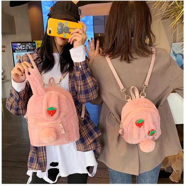 Faux Fur Rabbit Ear Backpack Kawaii Bunny Strawberry Soft Plush Travel Small Bag