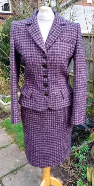 Designer purple black houndstooth wool mohair jacket & pencil skirt suit UK 12