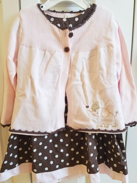 Carters 3 Pc Pink Brown Polka Dot Elephant Cardigan Dress Set 2 2T 24 Mo Nwot