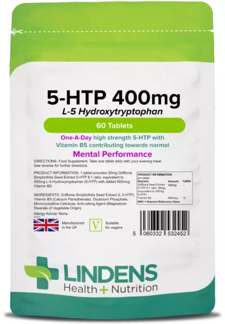 Lindens 5-HTP 400mg Tablets (60 pack) - One A Day - UK Manufacturer  *NEW*