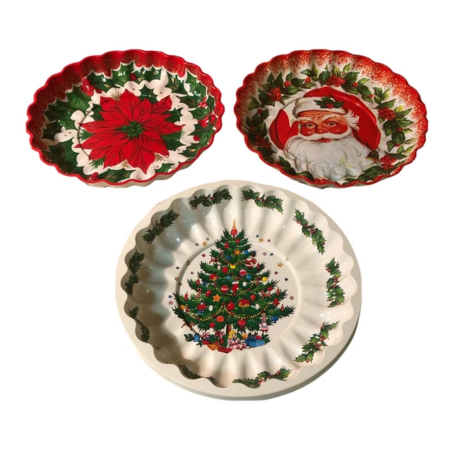 VINTAGE SET SCALLOPED Edge Plastic Christmas Serving Trays Poinsettia