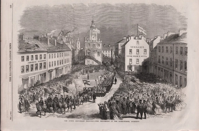 OLD 1859 ENGRAVING PRINT BURNS CENTENARY FESTIVAL PROCESSION DUMFRIES b81