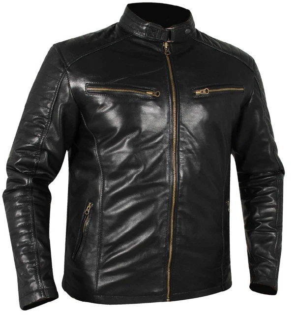 Lederjacke Biker Jacke Echt Lamm Nappa schwarz gesteppt Vintage Style Gr.S-3XL