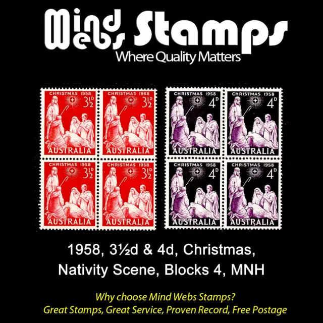 Australian Pre-Decimal Stamps 1958 Christmas Issue, Complete Set 2 Blocks 4 MNH