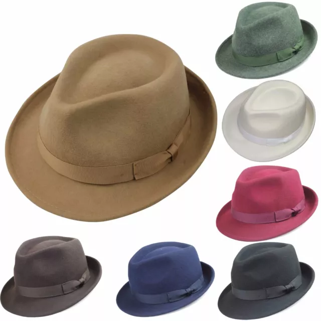 Unisex Mens Women Vintage Classic 100% Felt Wool Trilby Hat Fedora Style 4 Sizes