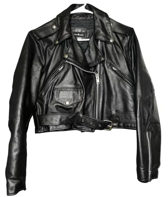 VINTAGE Steer Brand Black Leather Biker Jacket 80's Heavy Metal Womens 14 Crop