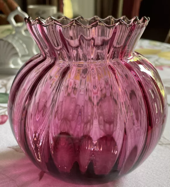 Cranberry Art Glass Vase 5" Hand Blown USA Pilgrim Melon Ruffled Edge Round Ball