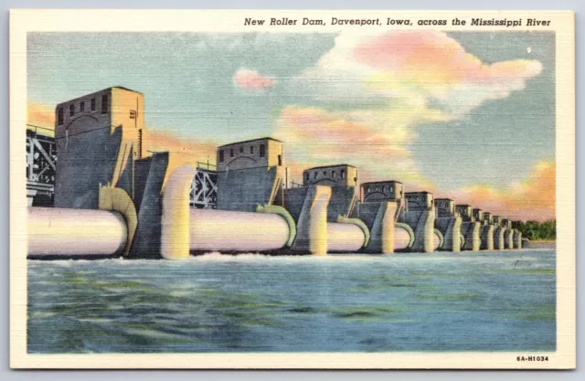 Davenport Iowa~New Roller Dam Across The Mississippi River~Vtg Linen Postcard