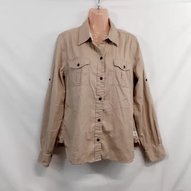 Lucky Brand Top Blouse Shirt Women Size L Khaki Button Up Collared Cotton Long/S