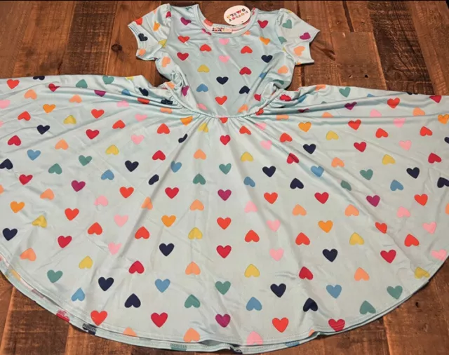 Dot Dot Smile size 7 Girls Blue Rainbow hearts Cap sleeve twirl dress New