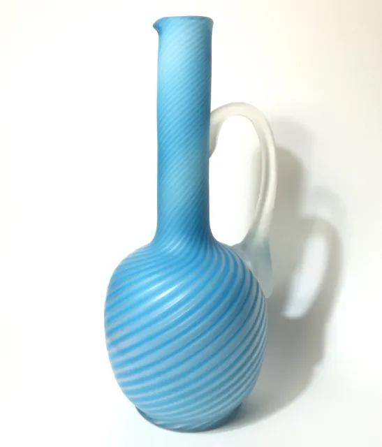 Rare Stevens & Williams Pompeian Swirl Glass Ewer in Blue & White, 1880s England