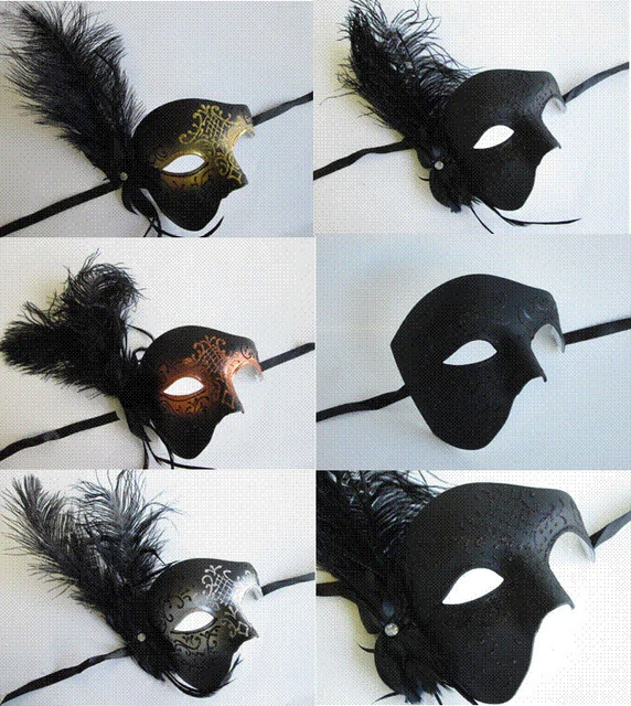 Phantom Of The Opera Venetian Masquerade Mardi Gras Costume Mask Black Feather