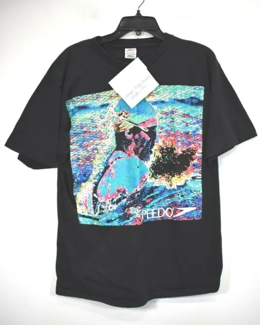 Vintage Speedo Mens Black Single Stitch Swimming Art Graphic Cotton Tee Shirt L