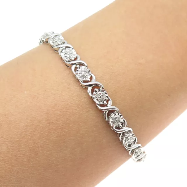 925 Sterling Silver Real Round-Cut Diamond XO Tennis Link Bracelet 7"