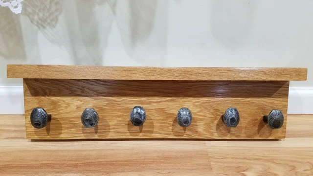 24" solid oak Coat Rack with 6 Railroad Spike Hooks and shelf rustic