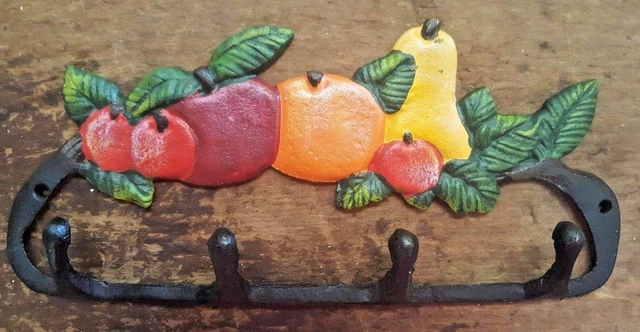 FRUIT 4 HOOK BATHROOM or KITCHEN Towel Hanger rustic farmhouse country cast iron 3